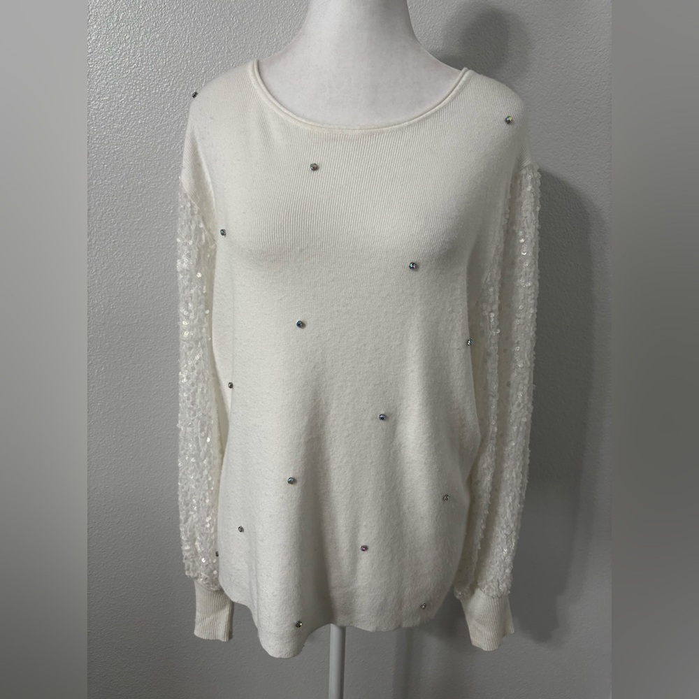Sioni Milano Shiny Embellished Sleeve Pullover White Sweater Women's Size Medium